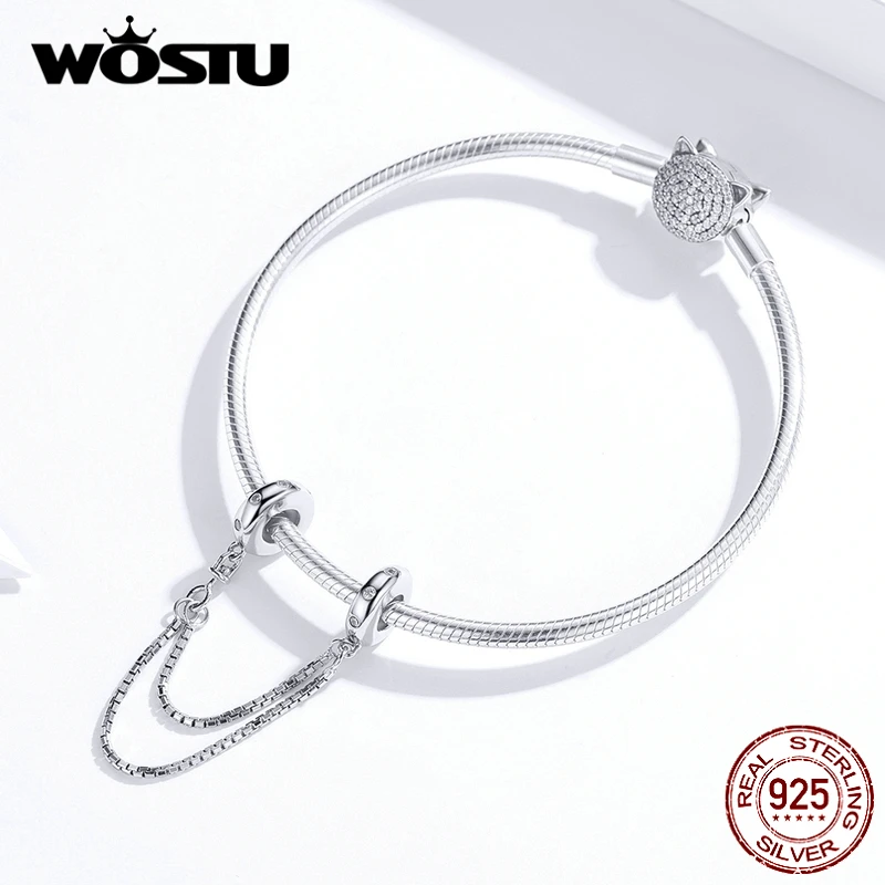 WOSTU, 925 пробы, серебряная силиконовая безопасная цепочка, шарм, подходит для оригинального браслета, подвеска, циркон, серебро, Простые Ювелирные изделия DXC1419