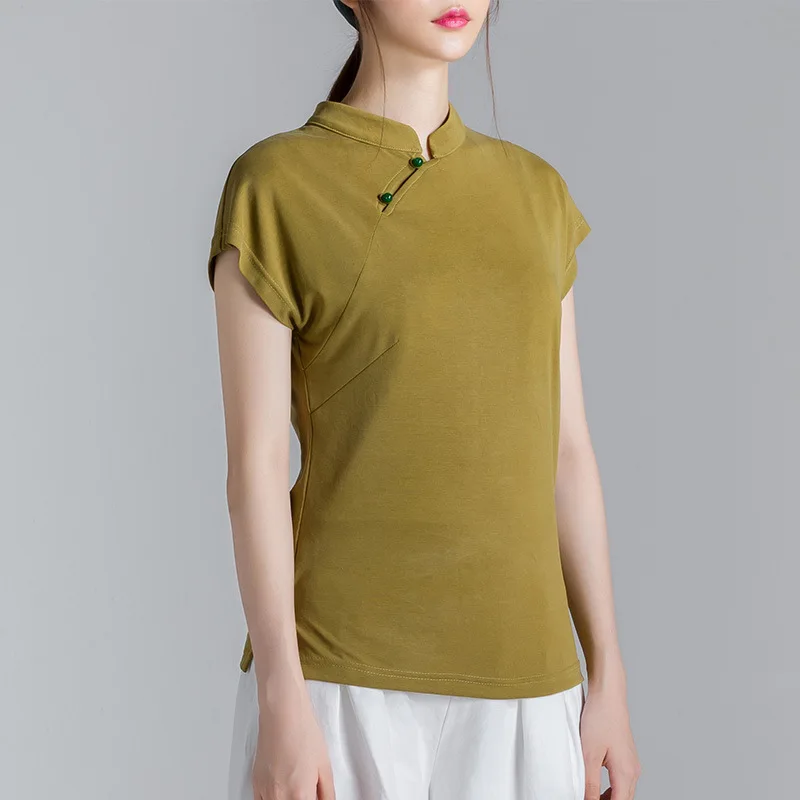 

Zeho Hall Tops Knitted Short-sleeved T-shirt Chinese-style Cotton Linen WOMEN'S Dress Hit Meditation Service Tea Service