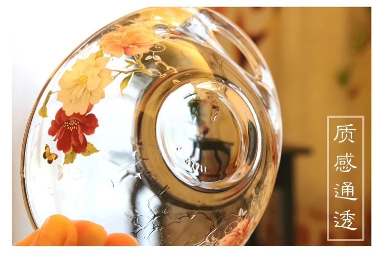Peony pattern transparent thickened glass deep dish with handle soup bowl salad bowl Heat-resistant