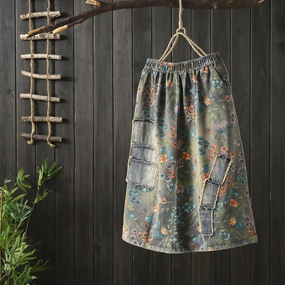 Этнический стиль Лоскутная Ретро печать джинсовая юбка Женская патч эластичная талия юбка