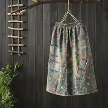 Этнический стиль Лоскутная Ретро печать джинсовая юбка Женская патч эластичная талия юбка