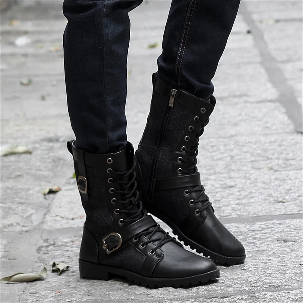Versatile Men's Motorcycle boots Autumn Winter Lace-up Non-Slip platform boots Fashion High Round Toe Keep Warm Snow Boots