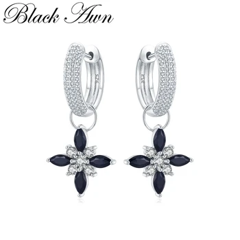 

SODROV Classic 100% Genuine 925 Sterling Silver Jewelry Black Spinel Stone Party Hoop Earrings for Women Bijoux Femme II078