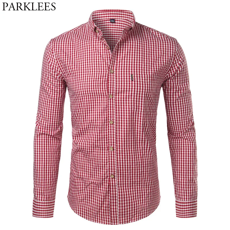Shirts Long-Sleeve-Button Slim-Fit Work Casual Business-Brand Down-Dress Plaid Mens Cotton