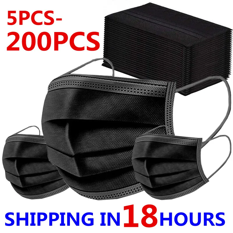 5-200 Uds máscara desechable no tejido máscaras de capa de 3 capas filtro Anti polvo transpirable adultos máscara de boca negro en STOCK Mondmasker