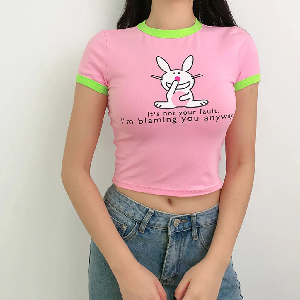 Летняя женская футболка с коротким рукавом в стиле Харадзюку Kawaii розовая принтом