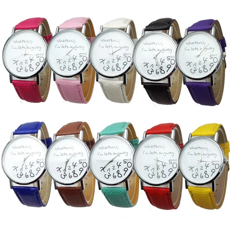 

Mance Whatever I am Late Anyway Letter Pattern Leather Men Women Watches Fresh New Style Woman Wristwatch Lady Watch Hot Sale