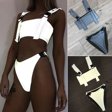 Модные Светоотражающие наряды, укороченные топы, строчка, пряжка, шорты, женские купальники, летние, облегающие, пляжные, из двух частей, с разрезом, сексуальные, блестящие