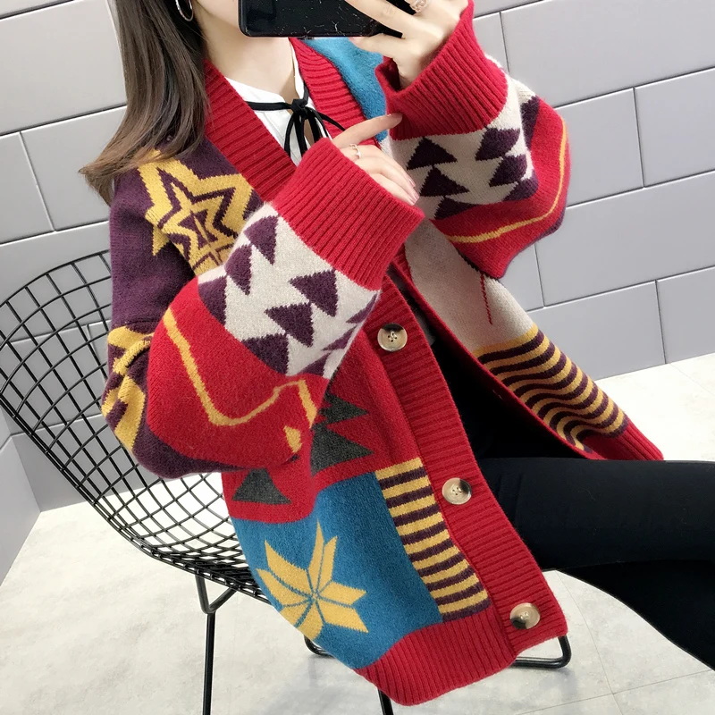 Best Price 3631-Real Geometric Jacquard Colour-Colour-Colour Matching Knitted cardigan 80 [K Zone 24]