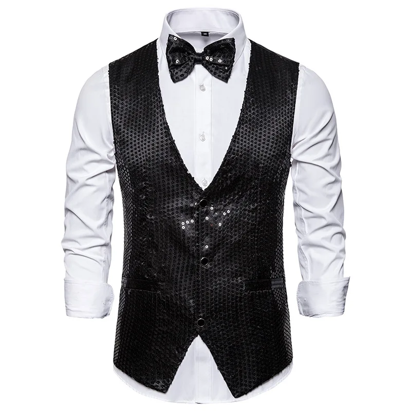 Men's Gold Shiny Sequins Vests with Bowtie Slim Fit V Neck Wedding Groom Waistcoat Men DJ Bar Stage Prom Paillette Gilet Homme