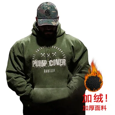 

European and American new sports and leisure men's fitness thickened warm sweater men's plus velvet running hooded pullover top