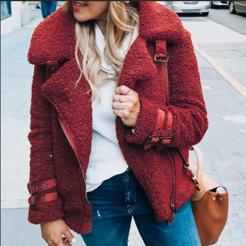 Jocoo Jolee, женское повседневное плюшевое пальто, Женское зимнее плюшевое пальто, теплое меховое пальто из искусственного меха, мотоциклетная куртка на молнии с поясом, парка, верхняя одежда - Цвет: Красный