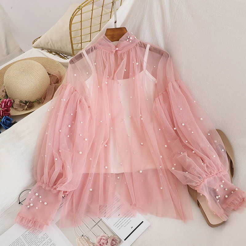 Новая модная Осенняя Женская милая блуза с рукавами-пузырьками и жемчужинами на пуговицах, женская элегантная сетчатая рубашка Блузы Топы