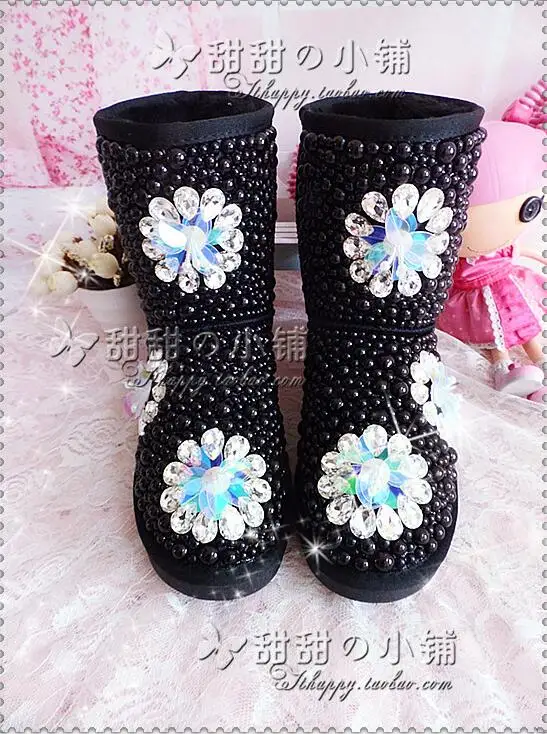 Beautiful Princess Black Pearl Full Diamond Rhinestone Gemstone Tube Black Leather Leather Snow Boots