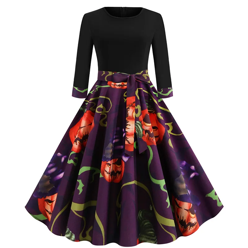 Halloween Costume Dress Fast Sending Women Half Sleeve Halloween Retro Vintage Dress A Line Pumpkin Swing Party Dress - Цвет: L