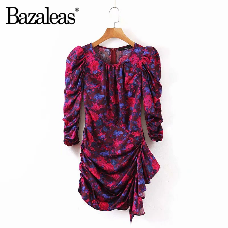 Bazaleas Франция Сторона Ruched Фиолетовое Женское платье ретро точка печати vestidos Винтаж Половина пышные рукава Мини платья - Цвет: 9169 red L195
