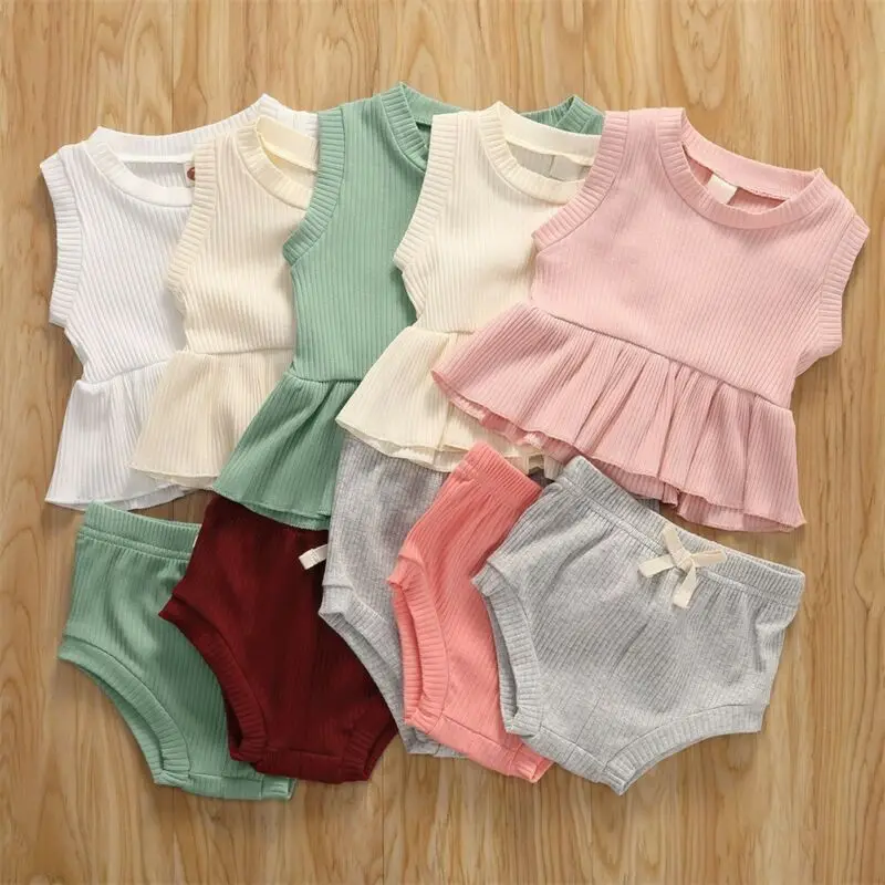 Infant Baby Girl Sleeveless Ruffles Waist Shirt Vest Top Plaids Shorts Set