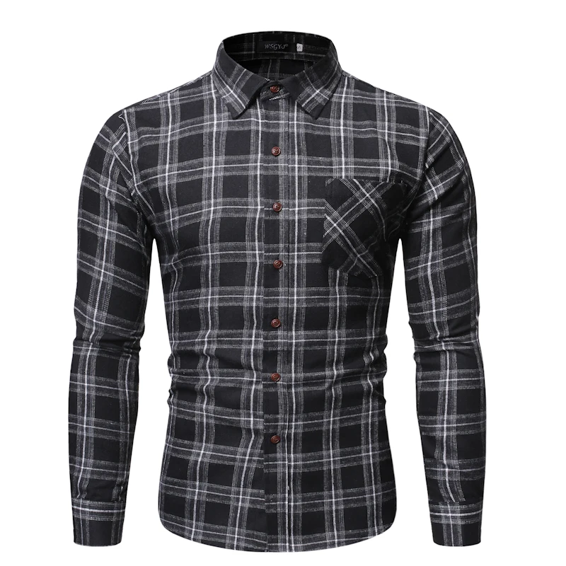 Высокое качество Осень Зима Дикая Клетчатая Мужская рубашка с длинными рукавами черная рубашка с одним карманом Корейская одежда camisa social