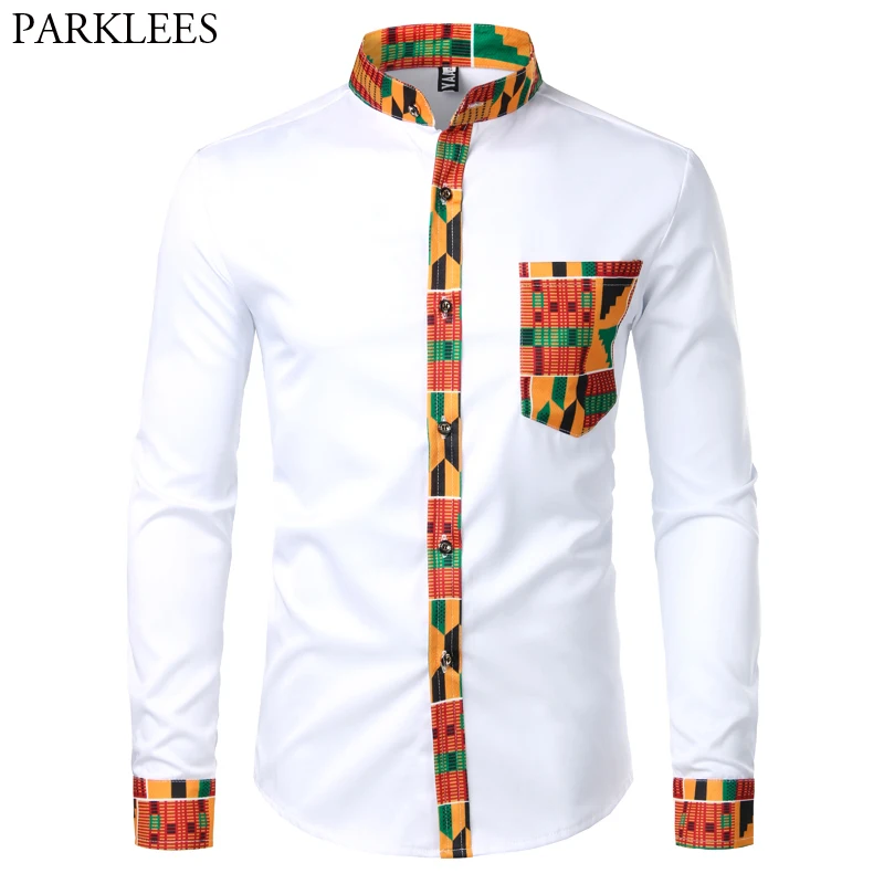 Мужская хипстерская Дашики графическая Лоскутная рубашка с длинным рукавом с этническим принтом с воротником мандарин африканские рубашки мужская сорочка белая