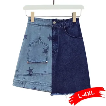 

Plus Size Contrast Patchworked Irregular Mini Denim Skirts 4Xl Women Streetwear Stars Print Design Pockets A-Line Jeans Skirt