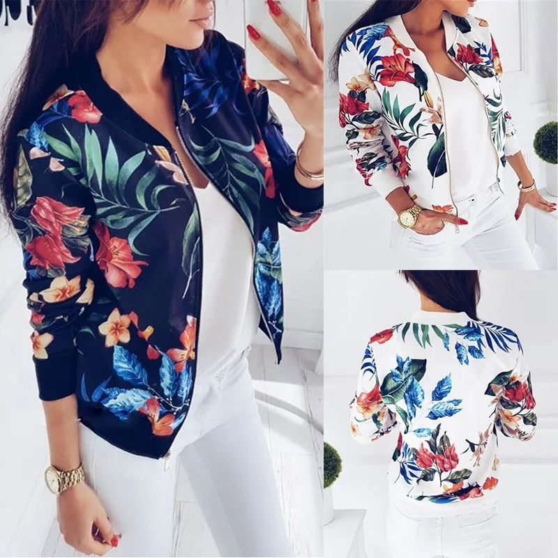Spring Autumn Womens Floral Slim Jacket Coat Zip Up Outwear Overcoat Ladies Tops | Женская одежда