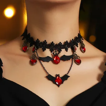 

2020 New Gothic Punk Halloween Vampire Bat Choker Collar Necklace Women Adjustable Black Lace Chocker Necklaces Jewelry