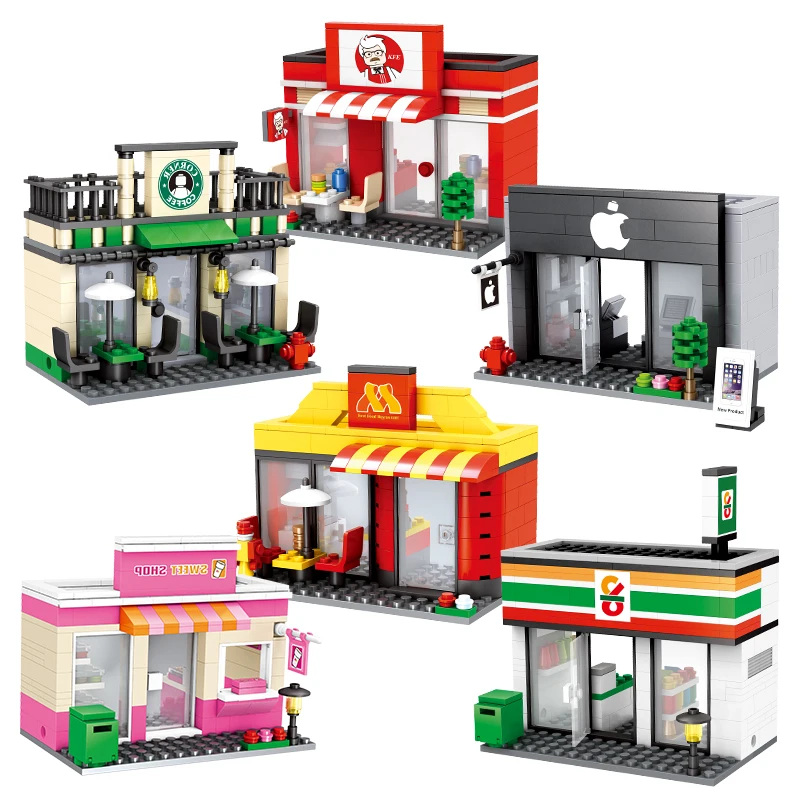 Kawaii Mini Street City 3D розничный магазин Cafe Apple Lepinblocks McDonald KFCE обучающий Строительный