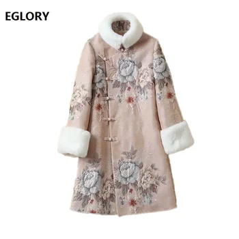 

High Quality New 2019 Winter Warm Dress Women Rabbit Hair Patchwork Vintage Jacquard Floral Print Qipao Button Long Sleeve Dress