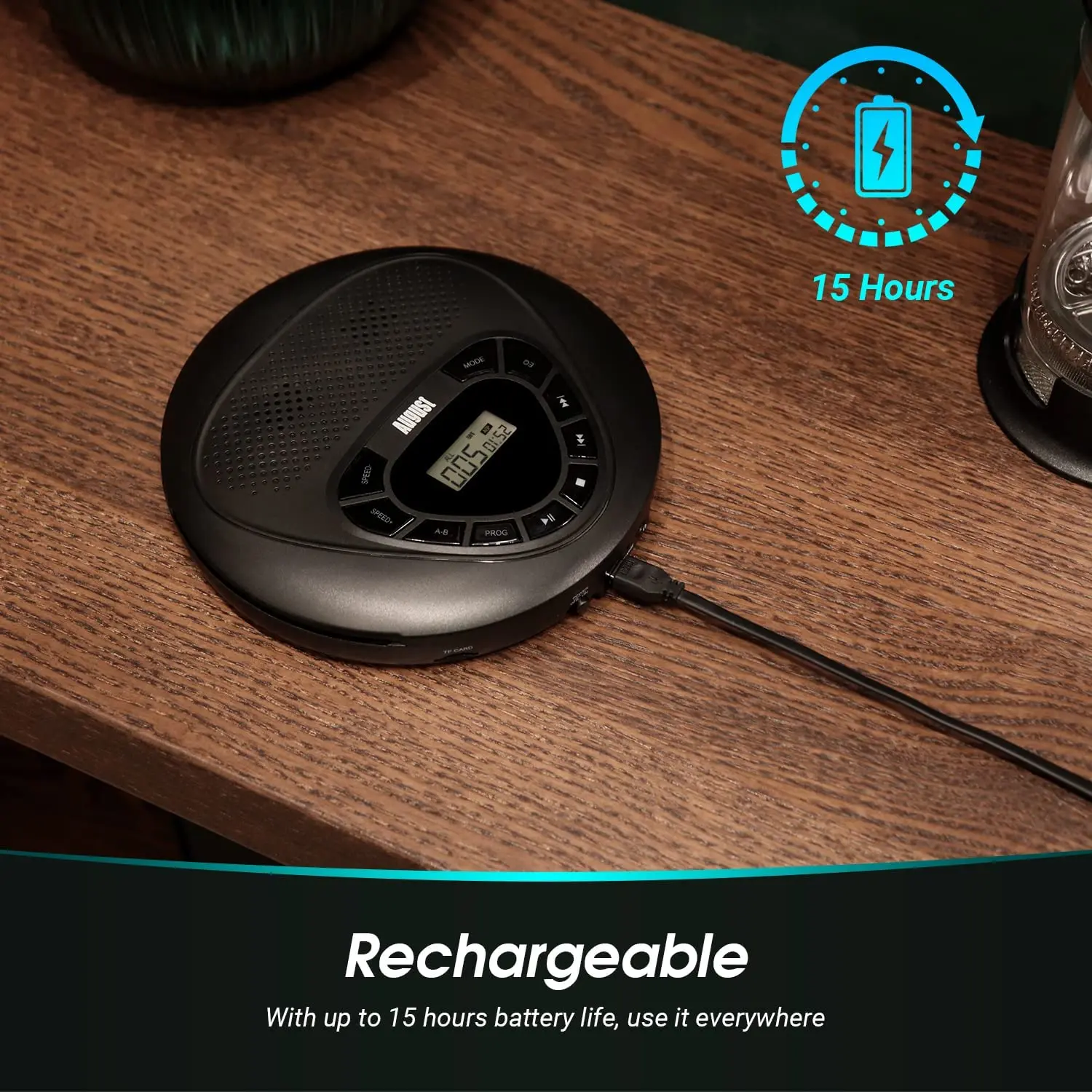August SE10 Portable CD Player portable cd player Headphone HiFi Music Reproductor CD Rechargeable Player Support TF Card With AUX Cable