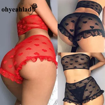 Ohyeahlady-Ropa Interior erótica de cintura alta para Mujer, Sujetador de encaje rojo, bragas, Conjunto de sujetador de corazón, lencería Sexy de realce, RJ80916