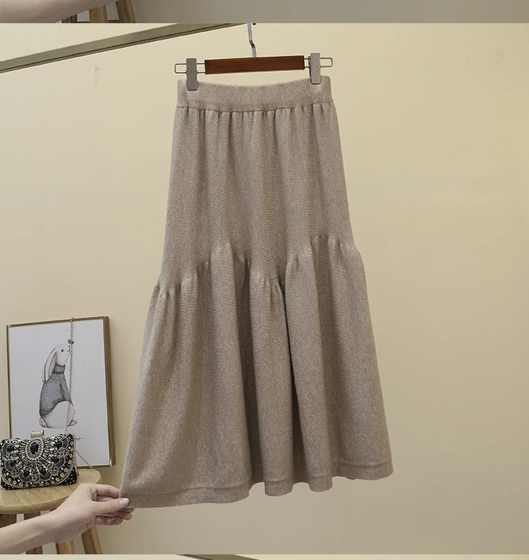Beiyingni Осенняя юбка с высокой талией Женская однотонная Повседневная Корейская трикотажная юбка женская s Лоскутная винтажная тонкая юбка миди