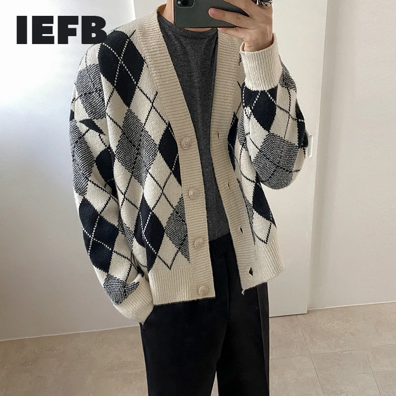 Вязаный кардиган IEFB в клетку для мужчин свитер Корейском стиле модная