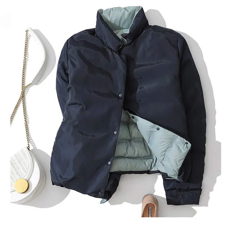 

Winter Women Double Sided Down Jacket Stand Collar White Duck Down Coat Double Breasted Warm Short Snow Outwear