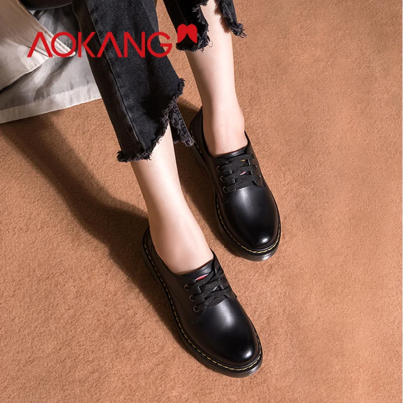 AOKANG/Новые кроссовки; повседневная обувь; женская обувь на платформе; модная женская обувь из натуральной кожи; женские черные туфли-лодочки Martin
