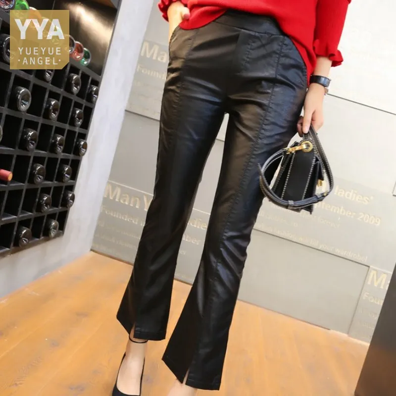 

Women Sheepskin Genuine Leather Flare Pants Ankle Length High Waist Fleece Lining Pants Slim Fit Casual Ladies Wide Leg Pants