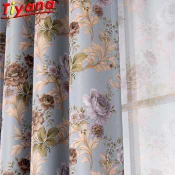 

Rose Printed Curtains for Living Room Flowers Grey Fabric Semi-Blackout Window Drapes Floral Tulle HM070 #HS