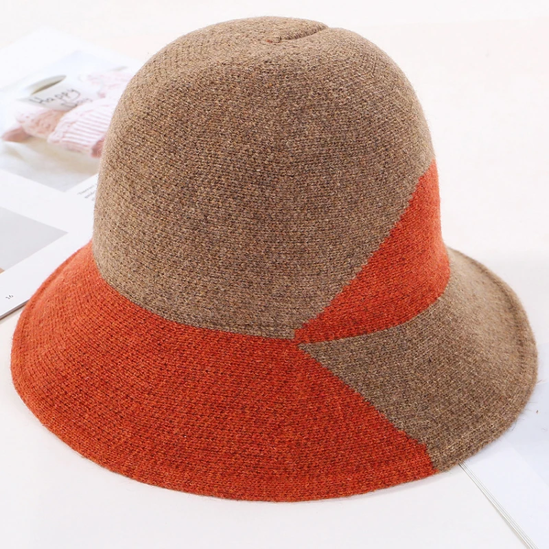 HT2768 New Fashion Knitted Hat Elegant Warm Autumn Winter Wool Hat Lady Wide Brim Bucket Hat Female Patchwork Fishing Bucket Cap