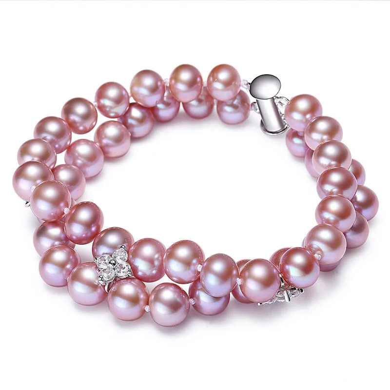 

DMCBFP030 Near Round Freshwater Pearl Bracelet 925 Sterling Silver Bracelet Double Layer Design For Gift