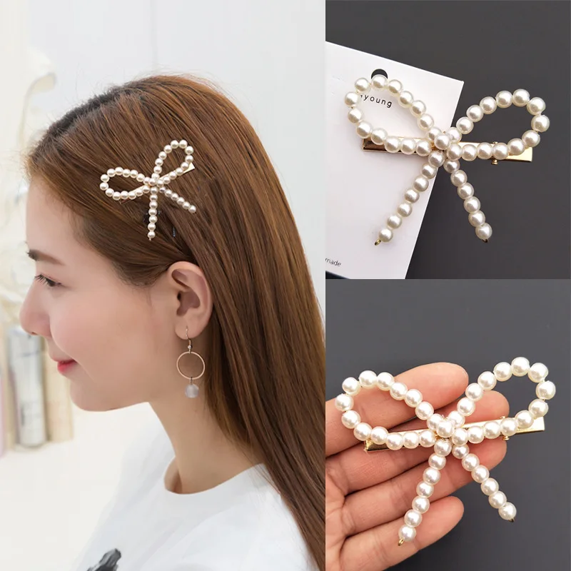 

Ins Bow Pearl Hair Accessories Girls Elastic Hair Bands Alloy Hairpins Women Bowknot Hair Clips Rubber Band Holder