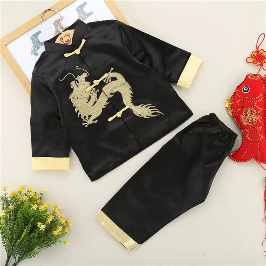 Goede Jongen Meisje Chinese Stijl Draak Tang Pak Verjaardag Kinderen Nieuwe Jaar Party Festival Outfits Kung Fu Tai Chi Uniform Kids kostuum