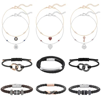 

07 High Quality Original SWA Black Leather Rope Bracelet Men and Women Couple Personality Fashion Bracelet Jewelry Free Shipping