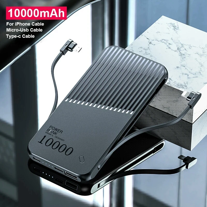 Внешний аккумулятор 10000 мАч, Встроенный кабель micro type-c, внешний аккумулятор для iPhone, huawei, Xiaomi, внешний аккумулятор