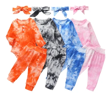 

0-24M Newborn Baby Tie-Dye Clothes 3Pcs Cotton Comfortable Casual Suit Long Sleeve Romper + Pants + Bowknot Headband