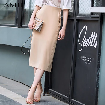 

Amii Minimalist Chiffon Split Mid-Long Skirt Summer Women Pearl Buckle High Waist Solid Slim Fit Female Skirt 11960059