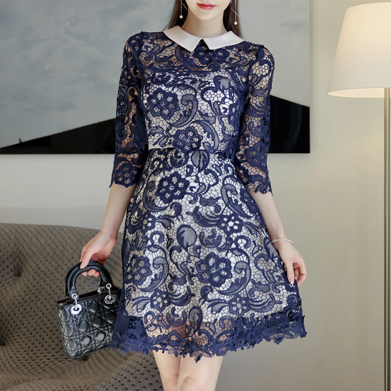 Qiu dong with sling accept waist a-line dress small lapel lace crochet restoring ancient ways of cultivate one's morality shirt