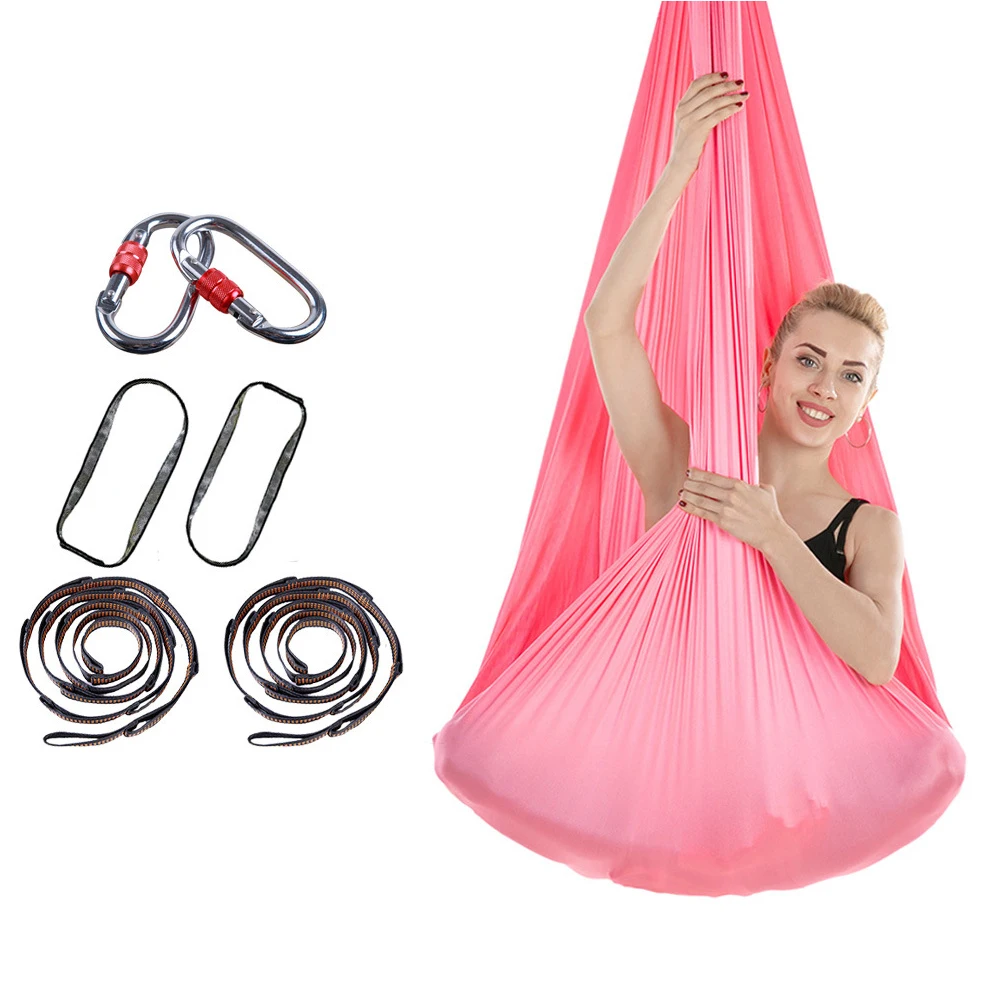 Летающие ремни, качающийся инструмент, воздушный эластичный с цепями, карабины, оборудование, антигравитационный гамак для йоги, набор многофункциональных тренировок - Цвет: Розовый