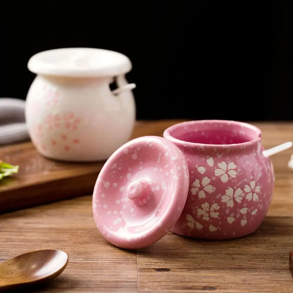 

Ceramics Spice Jar With Spoon Creative Kitchen Supplies Japanese-style Household Seasoning Box Salt Shaker Condiment Bottles