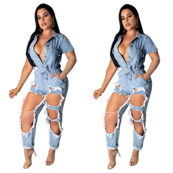 

2019 fashion new African national clothing hot seller sexy fashion loose sleeve frosted wash ripped denim jumpsuit