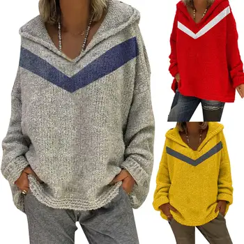 

Chic Lady Patchwork Sweater Long Sleeve Hooded Loose Knitted Sweater Casual Loose Autumn Sweater pull femme sweatergen