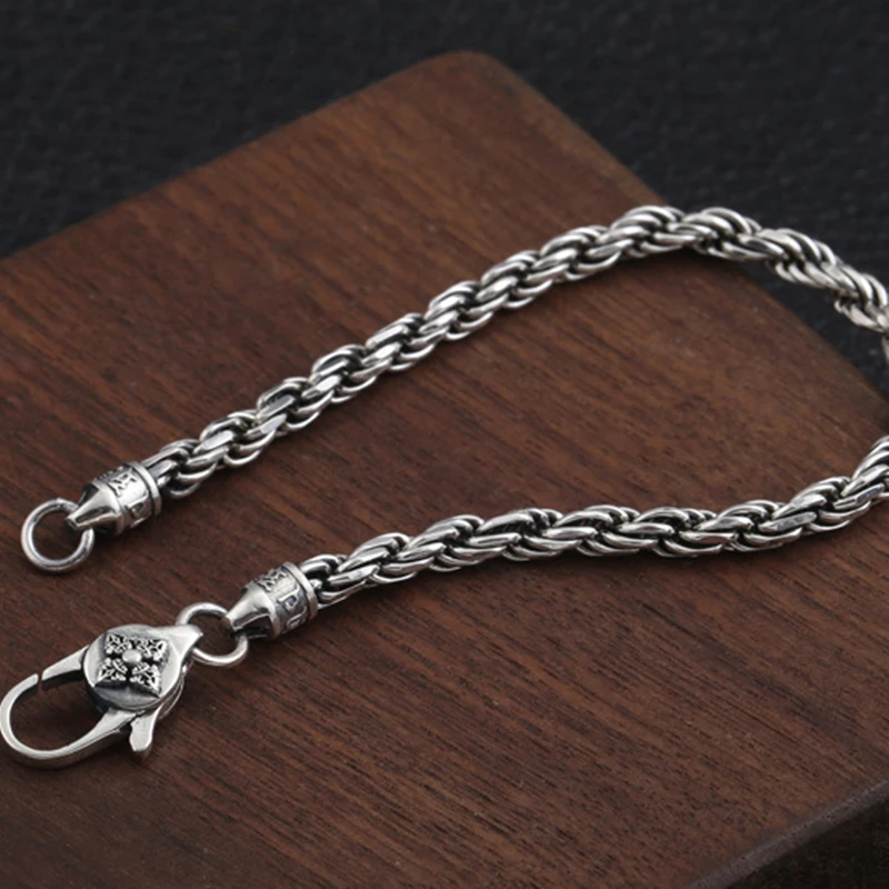 S925 sterling silver retro fashion fashion ramie bracelet men's and women's silver wrist jewelry